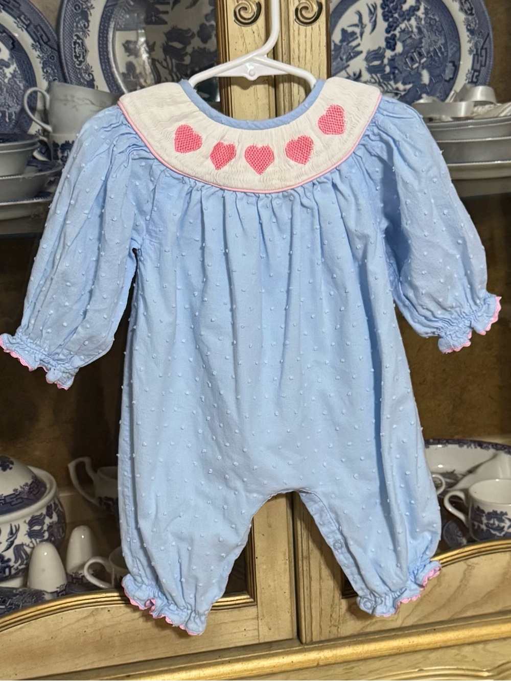 Smockingbird smocked hearts Swiss dot bubble romper 6m baby girl boutique blue